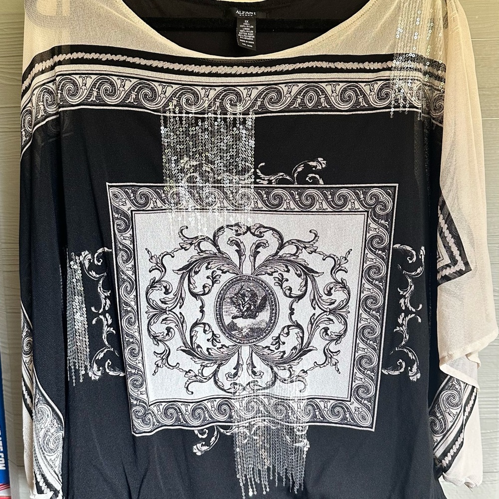 Alfani Black and White Flowy Ornate Top with Sequins
